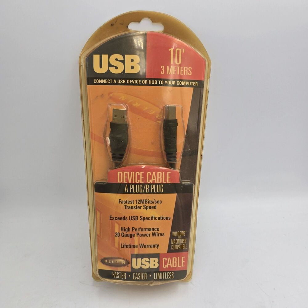 Belkin Pro Series USB A to B Device Cable 10ft F3U133-10 New Sealed Vintage NOS